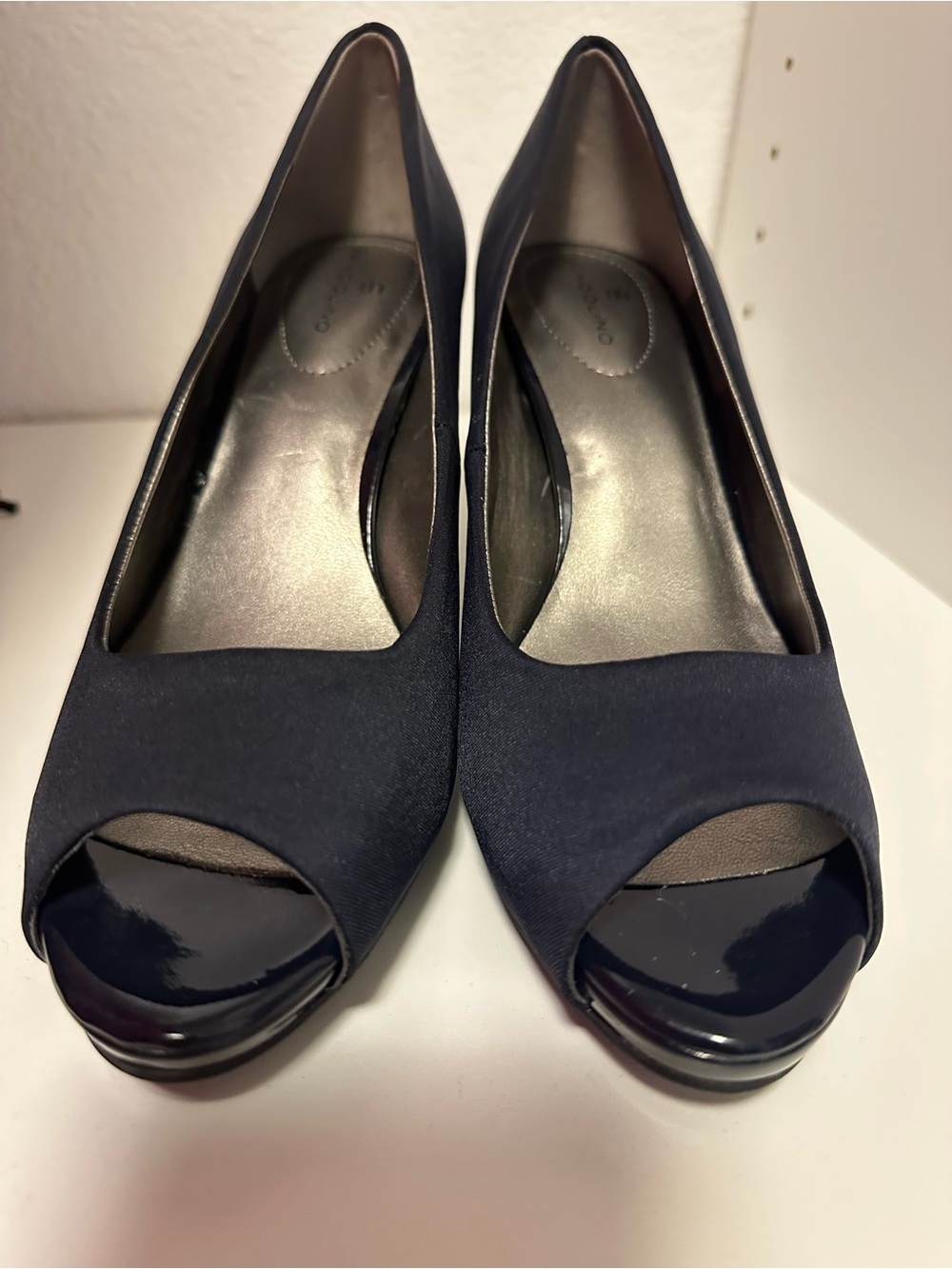 Bandolino Navy Peep-Toe Heels with Glossy Toe
